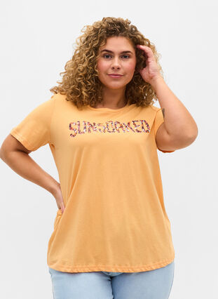 Lyhythihainen puuvillainen t-paita printillä , Apricot Nectar SUN, Model image number 0