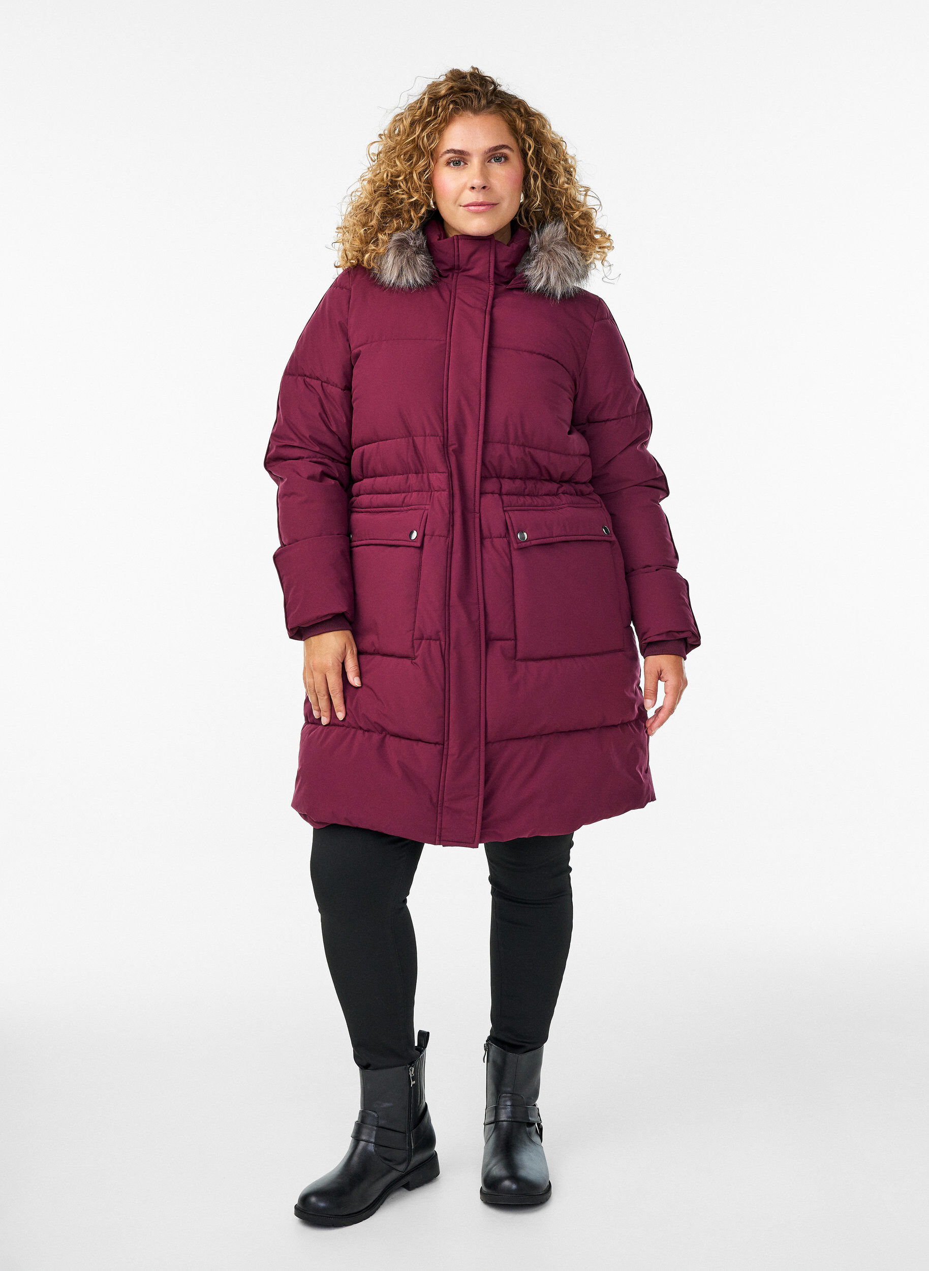 Zizzi Vedenkest&auml;v&auml; parka tekoturkiskauluksella, Tumma Bordeaux, Model image number 1