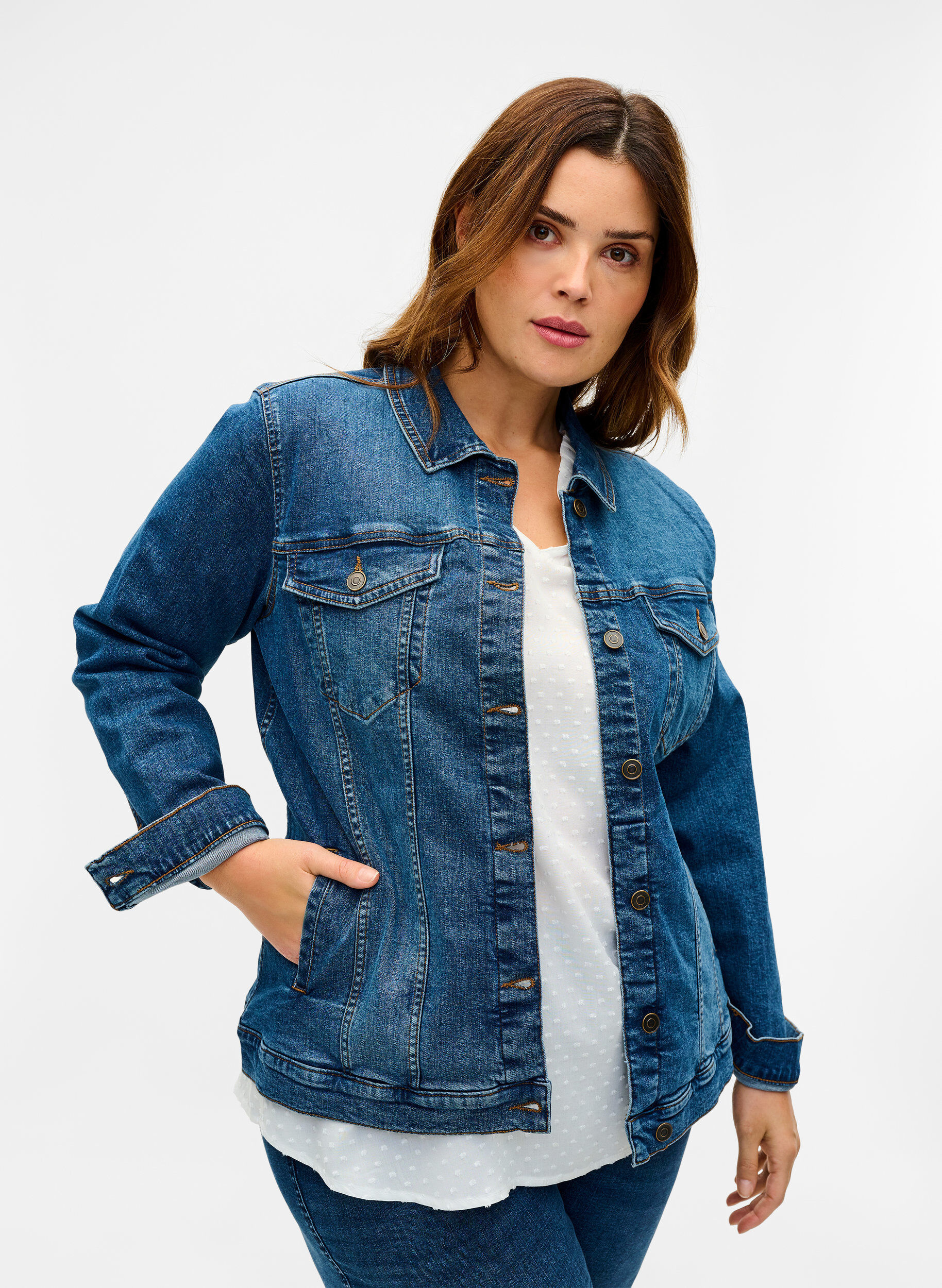 Zizzi Lyhyt puuvillainen farkkutakki, Blue denim, Model image number 0