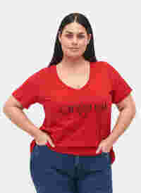 Puuvillainen t-paita tekstiprintillä ja v-pääntiellä, Tango Red ORI, Model
