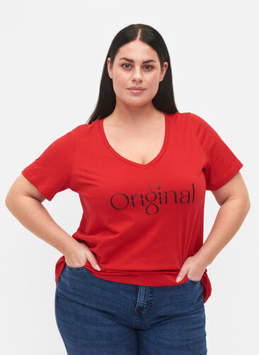 Puuvillainen t-paita tekstiprintillä ja v-pääntiellä, Tango Red ORI, Model image number 0