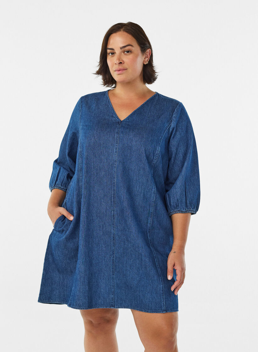 Lyhyt farkkumekko 3/4-hihoilla, Sininen, Model image number 0