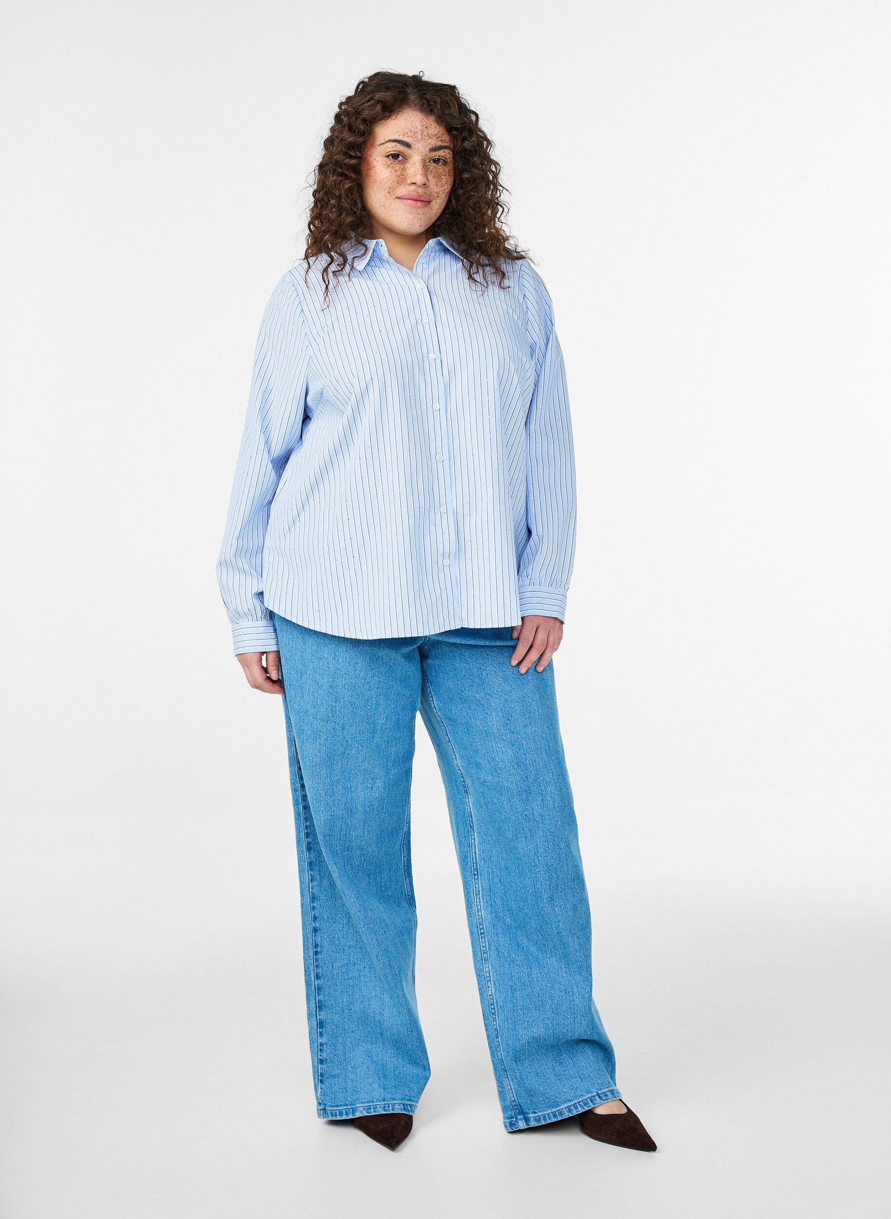 Zizzi Raidallinen paita niiteill&auml;, Sininen, Model image number 1