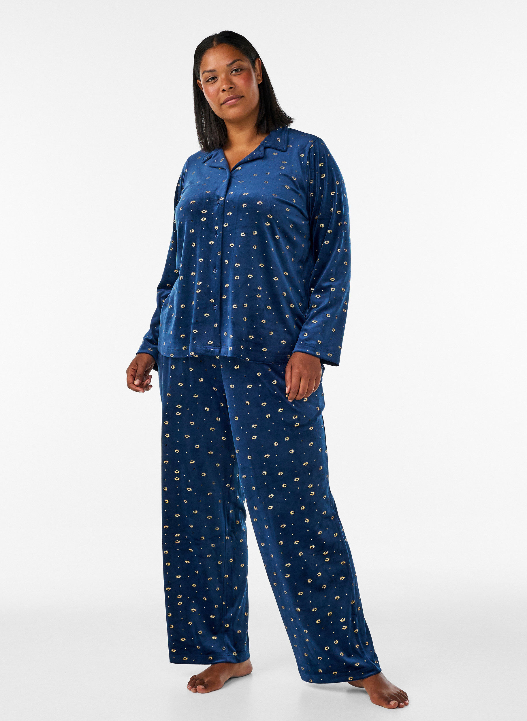 ZizziVelour-pyjama housut kokopainatuksella, Sininen, Model image number 0
