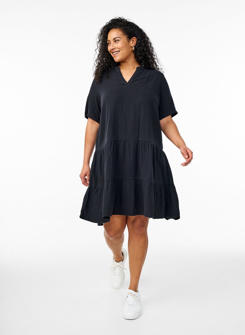 Lyhyt A-linjainen mekko puuvillamusliinista, Musta, Model image number 1