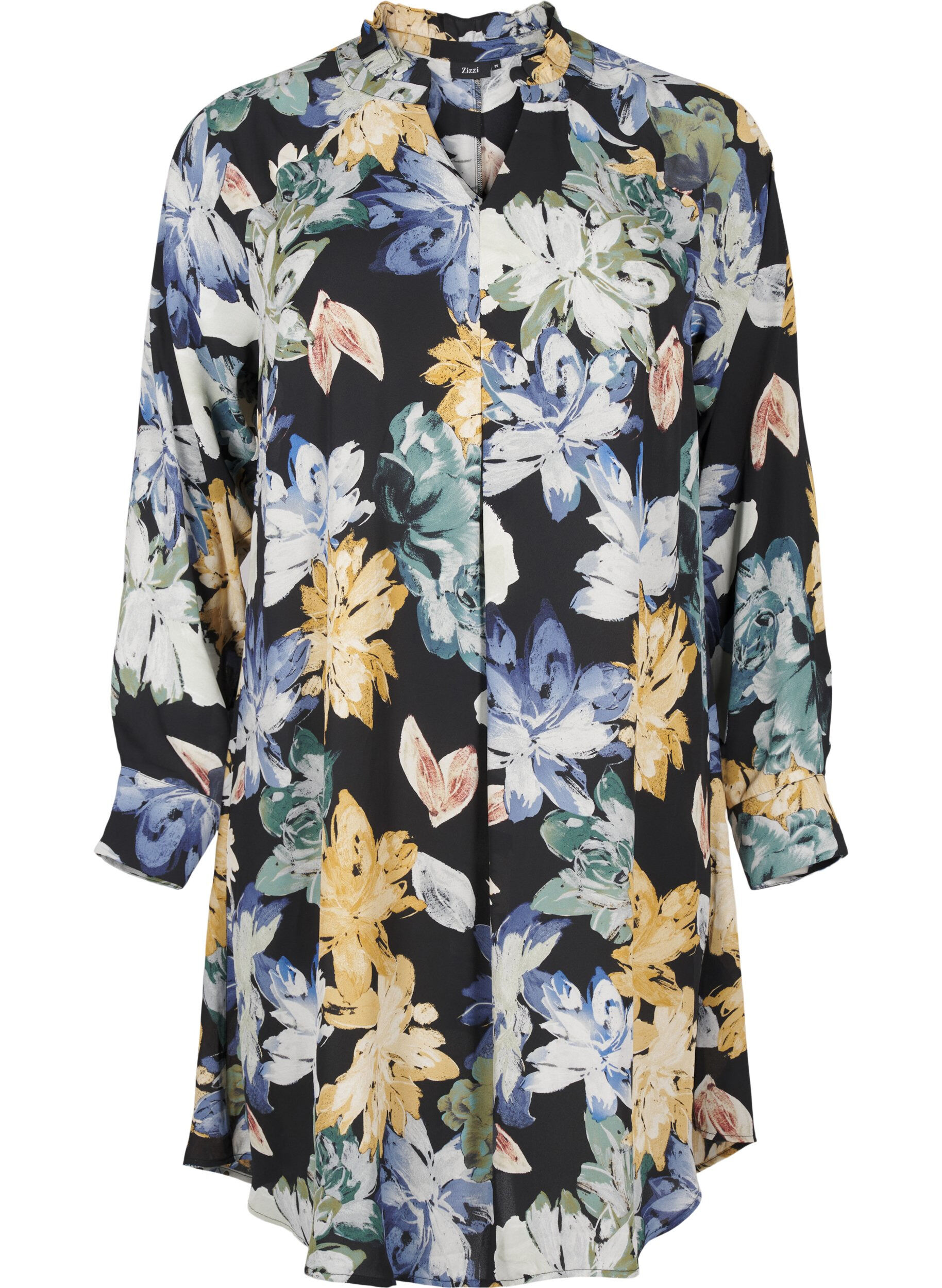 Zizzi Pitk&auml;hihainen mekko, jossa on kukkakuviointi, Yellow Flower AOP, Packshot image number 0