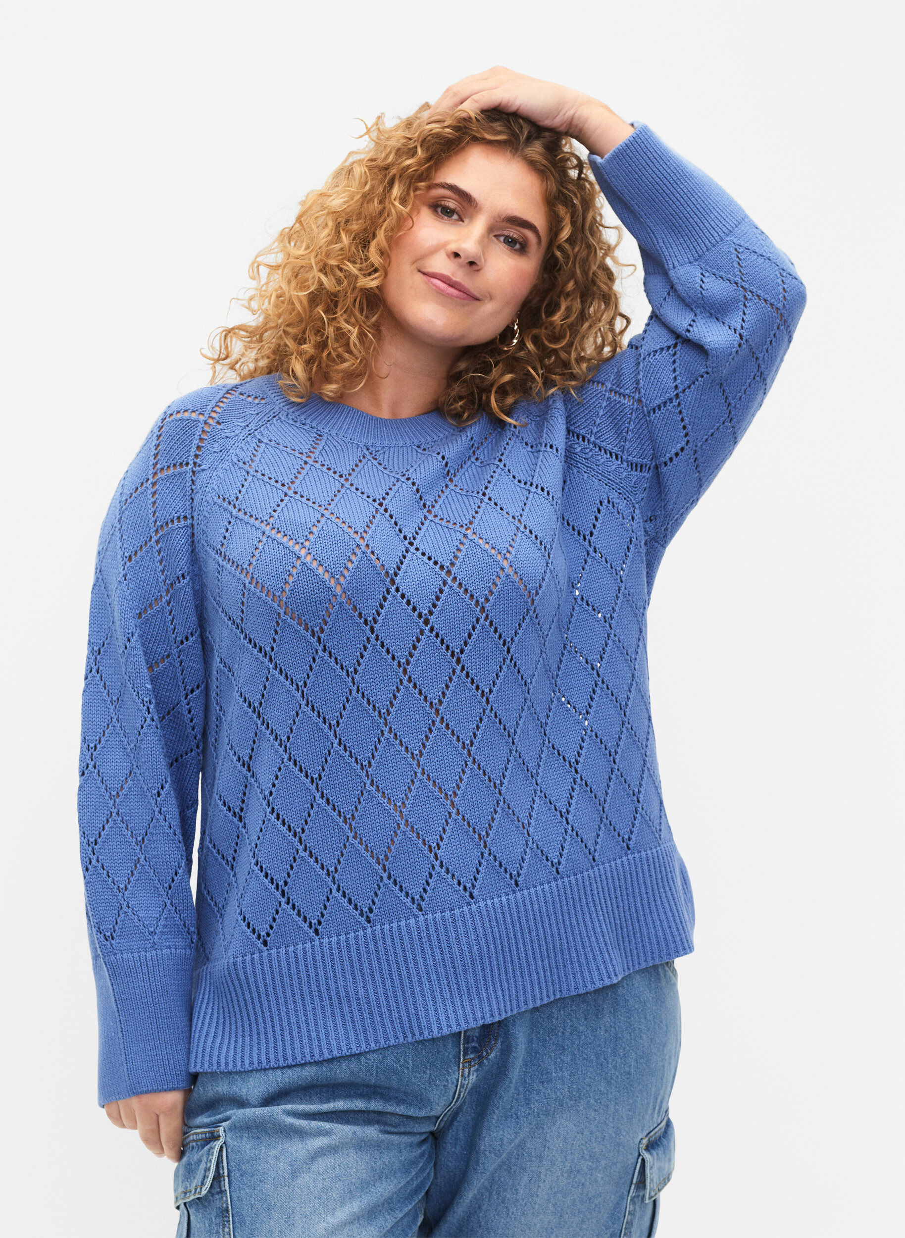ZizziPitk&auml;hihainen neulepusero reik&auml;kuviolla, Blue Bonnet, Model image number 0