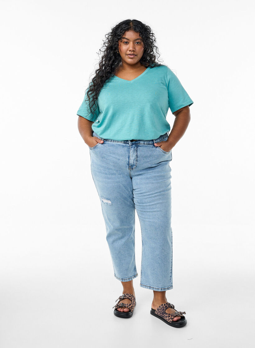 Lyhythihainen perus t-paita, jossa on v-p&auml;&auml;ntie, Sininen, Model image number 1