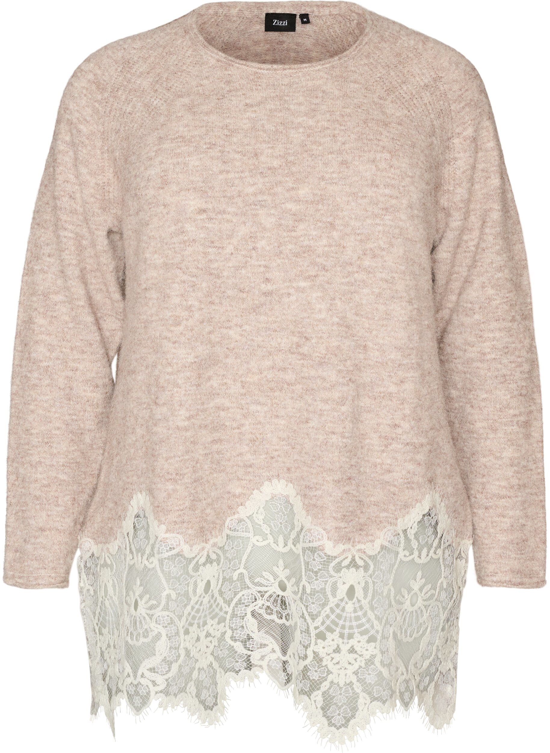 ZizziNeulottu pusero raglanhihoilla ja leve&auml;ll&auml; pitsireunuksella, Beige, Packshot image number 0