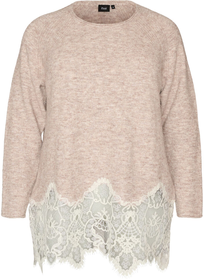 Neulottu pusero raglanhihoilla ja leve&auml;ll&auml; pitsireunuksella, Beige, Packshot image number 0