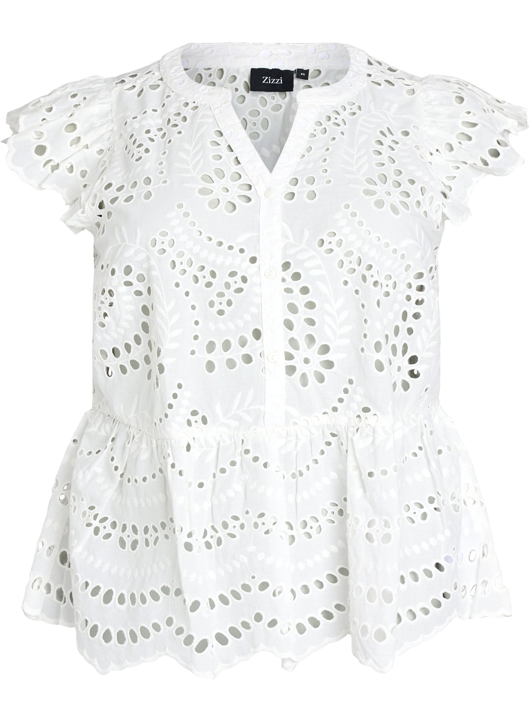 Zizzi Hihaton broderie anglaise -pusero r&ouml;yhel&ouml;ill&auml;, Valkoinen, Packshot image number 0