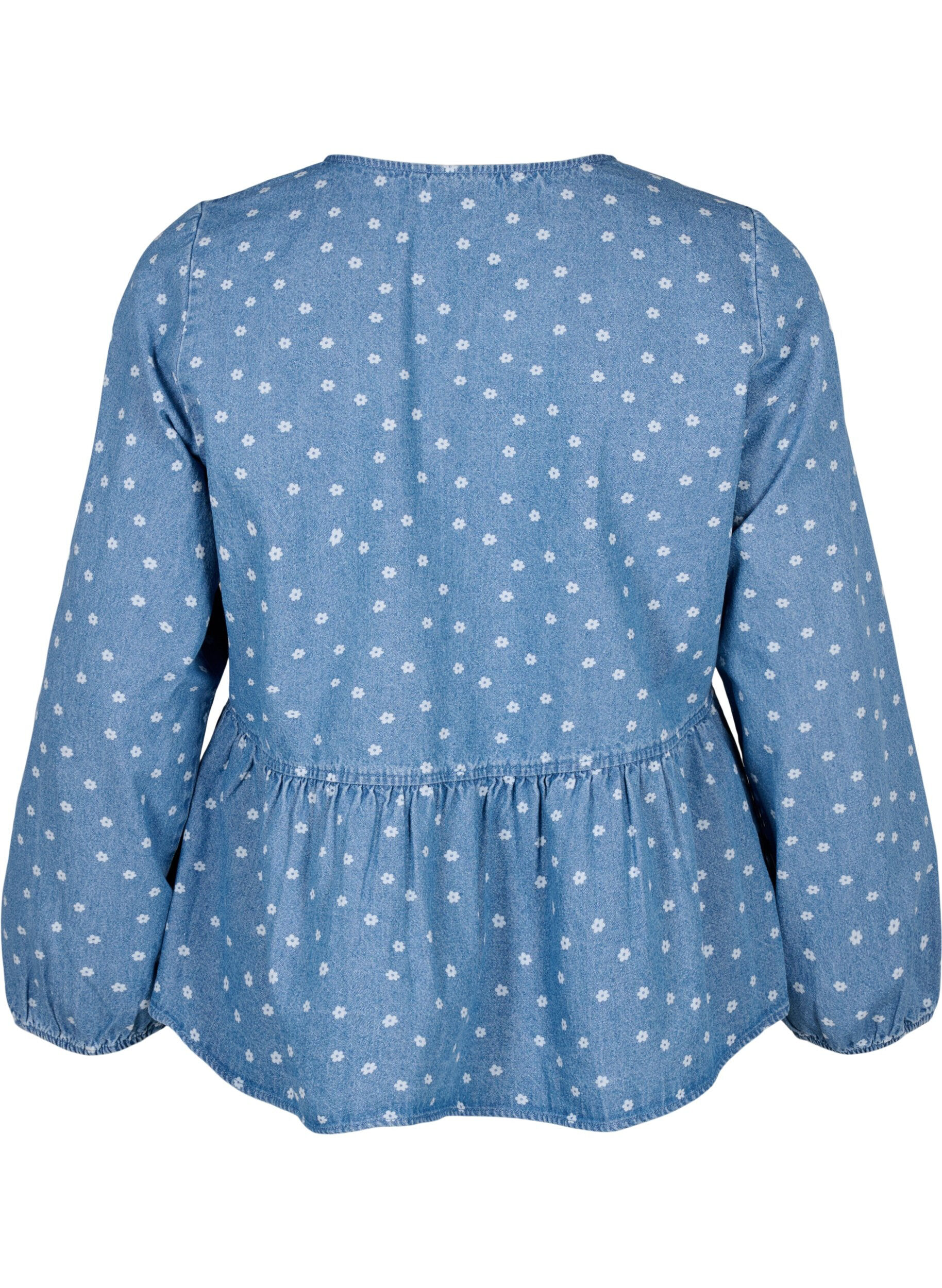 Zizzi Farkkukankainen peplum-pusero, jossa on nauhakiinnitys, Light Blue w.Flowers, Packshot image number 1