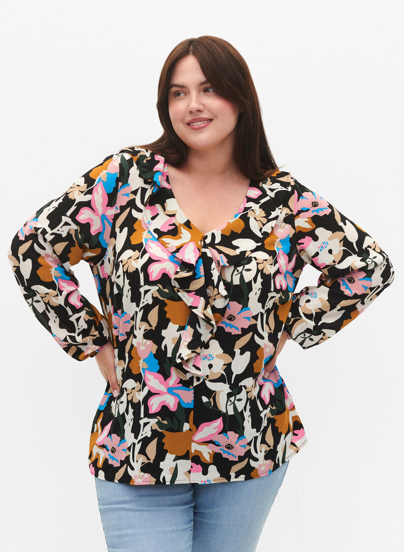 Pusero kuosilla ja röyhelöllä, Black Multi Flower, Model image number 2