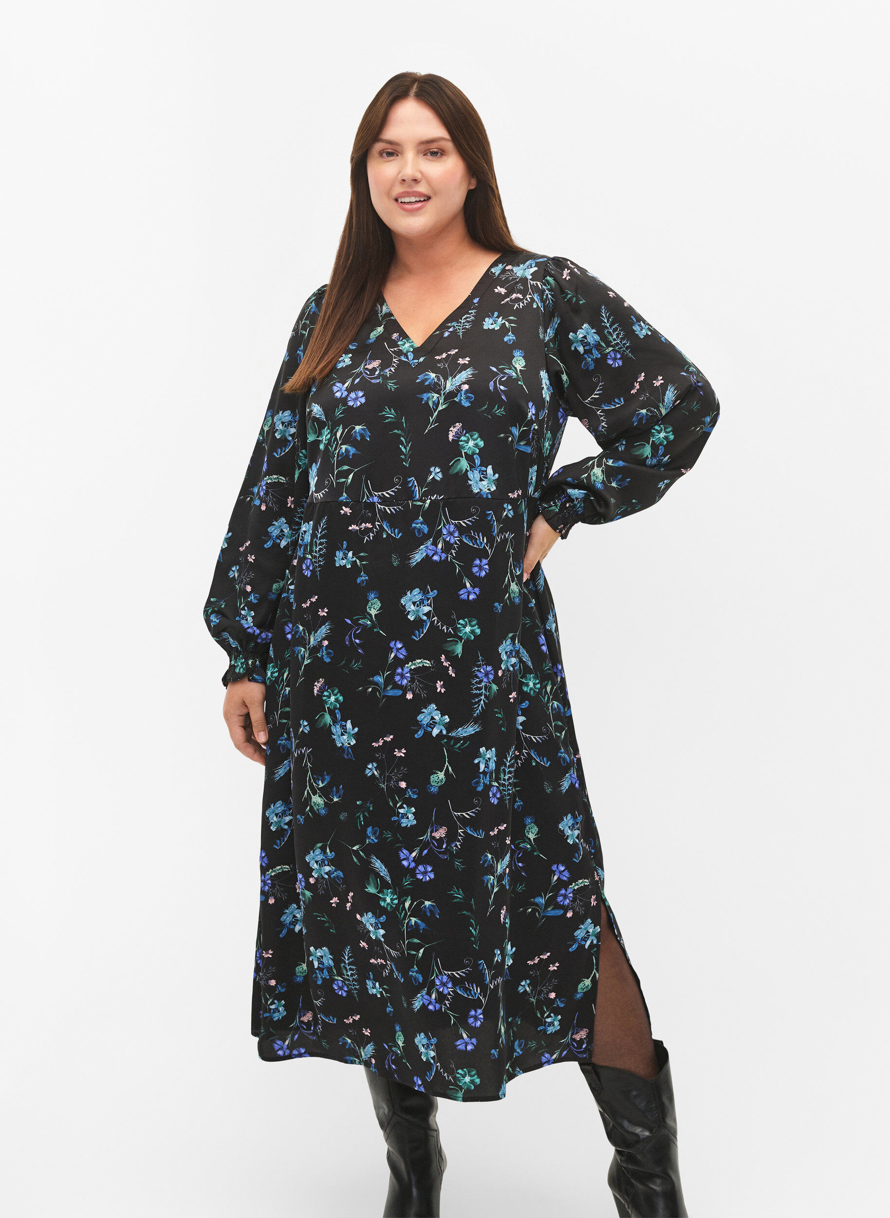 ZizziPitk&auml;hihainen midi-mekko kukkakuvioinnilla, Blue Flower AOP, Model image number 2
