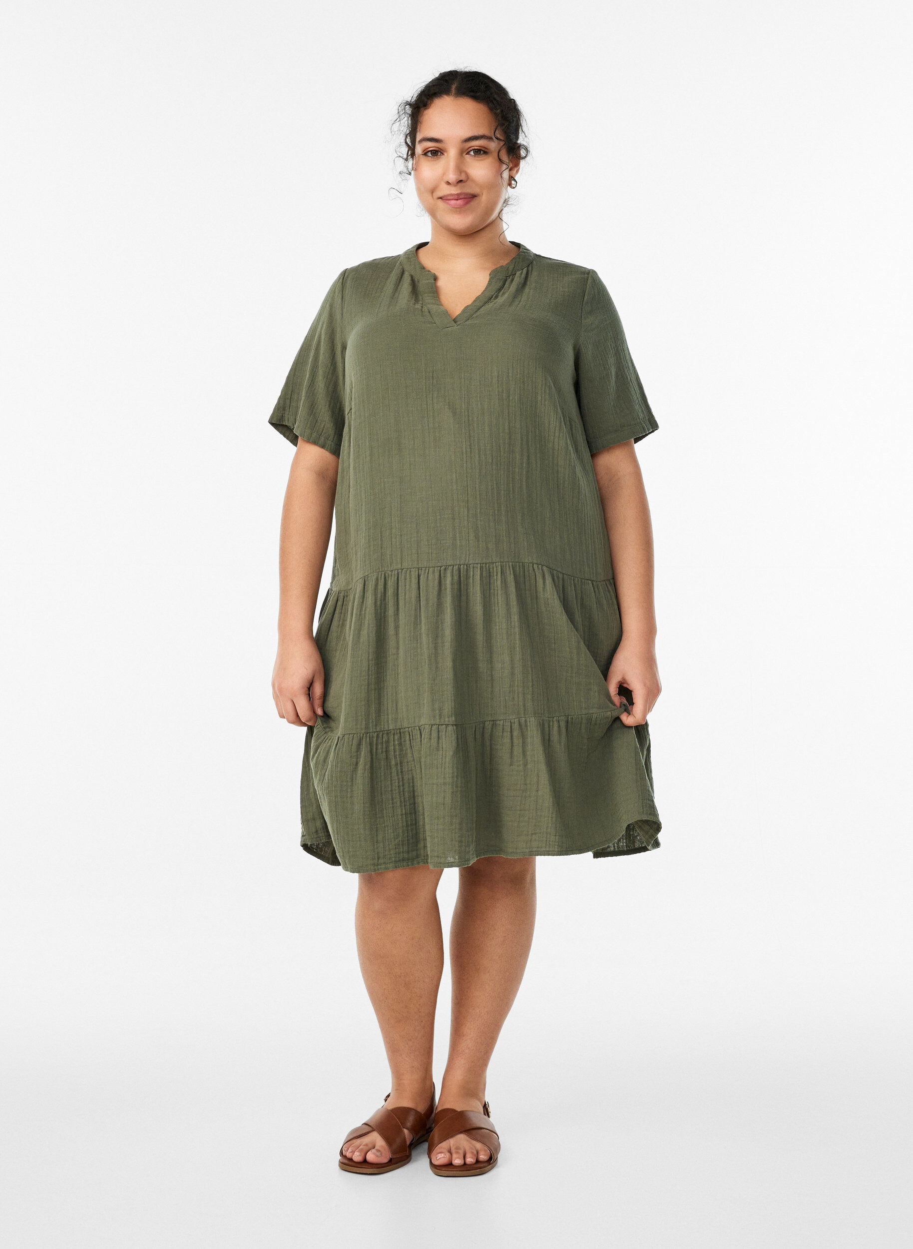 ZizziLyhyt A-linjainen mekko puuvillamusliinista, Vihre&auml;, Model image number 1