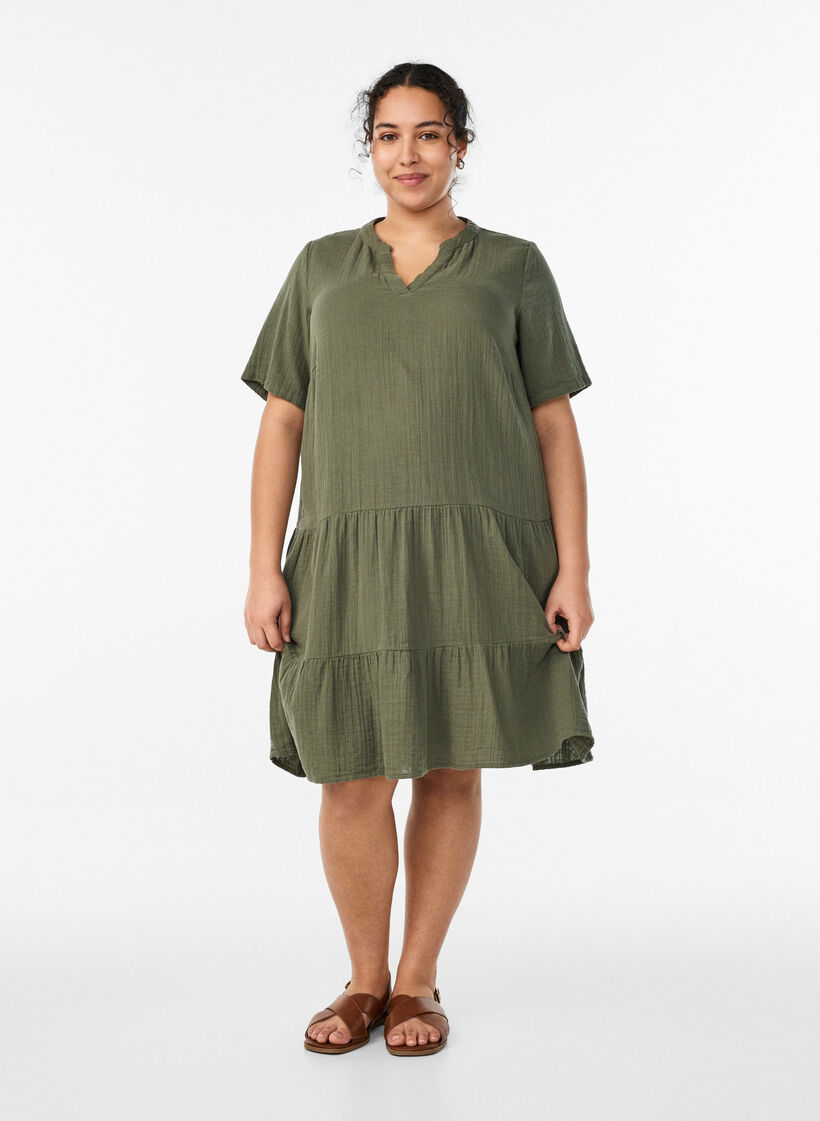 Lyhyt A-linjainen mekko puuvillamusliinista, Vihre&auml;, Model image number 1