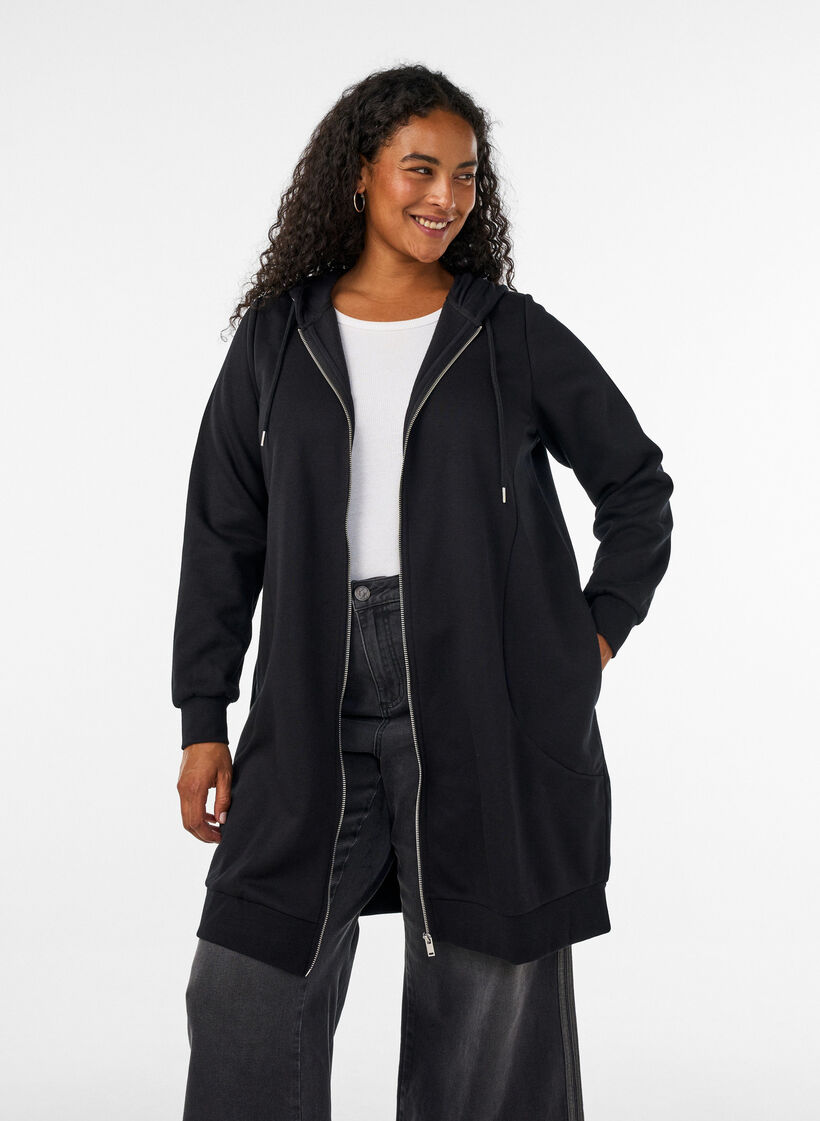 Pitk&auml; huppari vetoketjulla ja taskuilla, Musta, Model image number 0