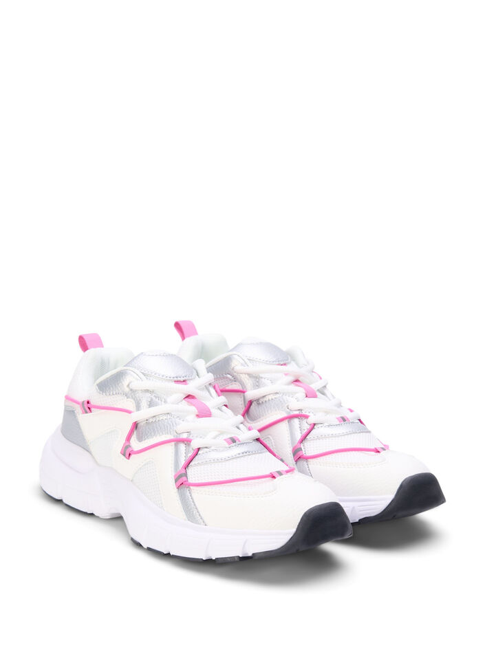 Leveälestiset tennarit, joissa on kontrastivärinen nauha, White w. Pink, Packshot image number 1