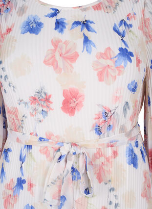 Kukkakuvioinen laskostettu mekko kiristysnauhalla, White/Blue Floral, Packshot image number 2