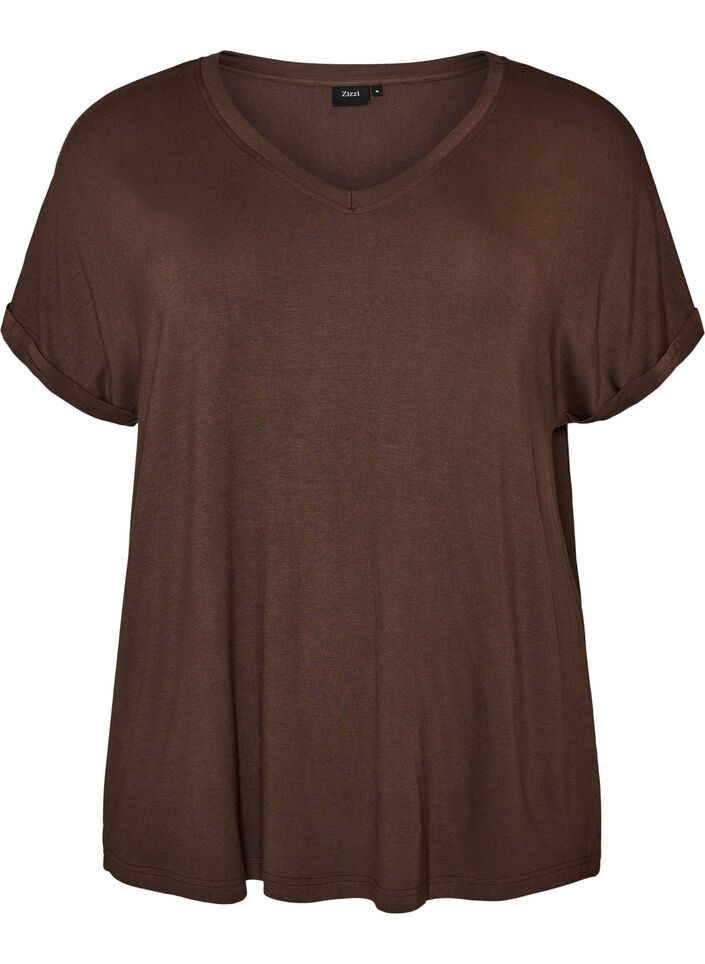 Perus V-p&auml;&auml;ntie T-paita viskoosista, Ruskea, Packshot image number 0