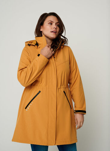 Pitkä hupullinen softshell-takki, Spruce Yellow, Model image number 0