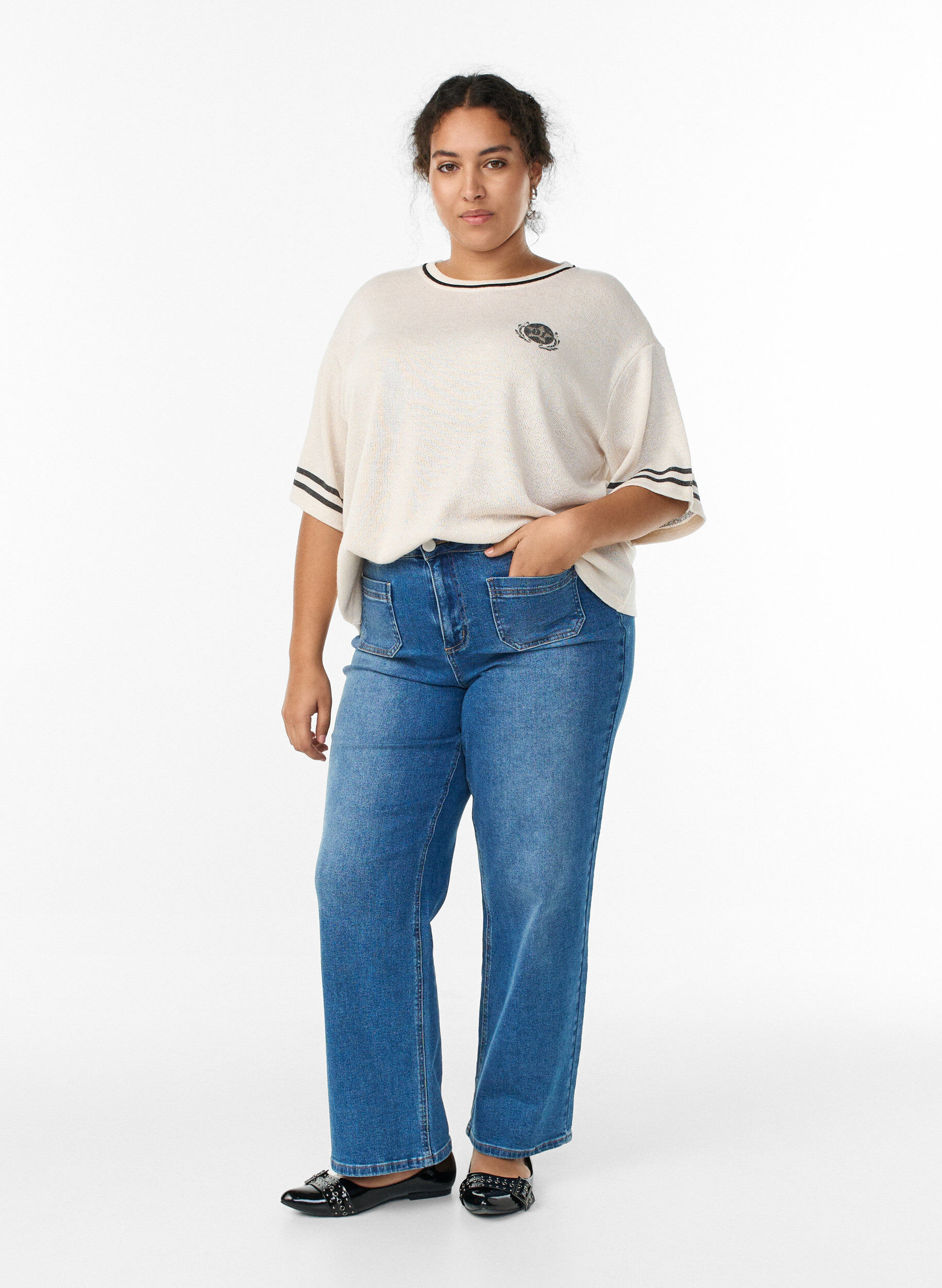 Zizzi Lyhythihainen pusero kontrastiraidoilla, Beige, Model image number 1