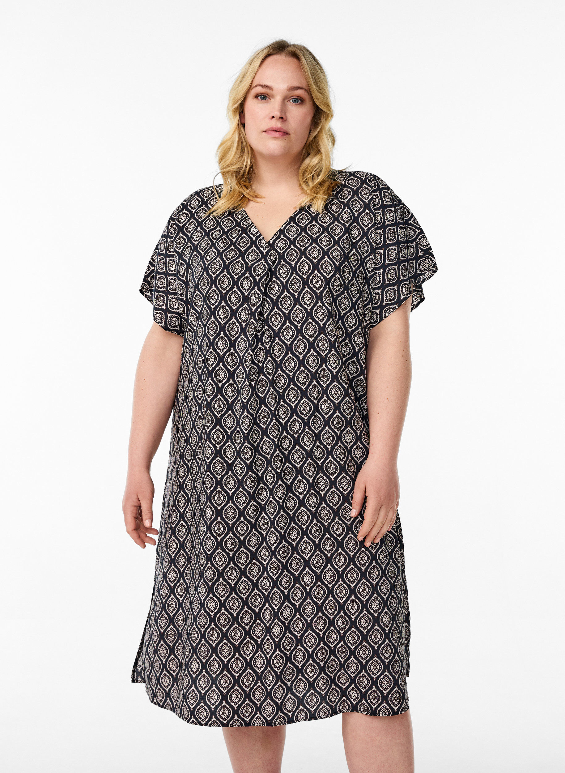 Viskoosimekko, jossa on V-p&auml;&auml;ntie, Sininen, Model