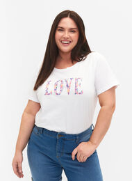 Puuvillainen t-paita pyöreällä pääntiellä ja painatuksella, Bright White W. Love, Model