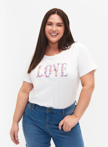 Puuvillainen t-paita pyöreällä pääntiellä ja painatuksella, Bright White W. Love, Model image number 0