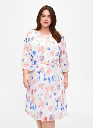 Pliseerattu mekko nauhalla, White/Blue Floral, Model image number 0