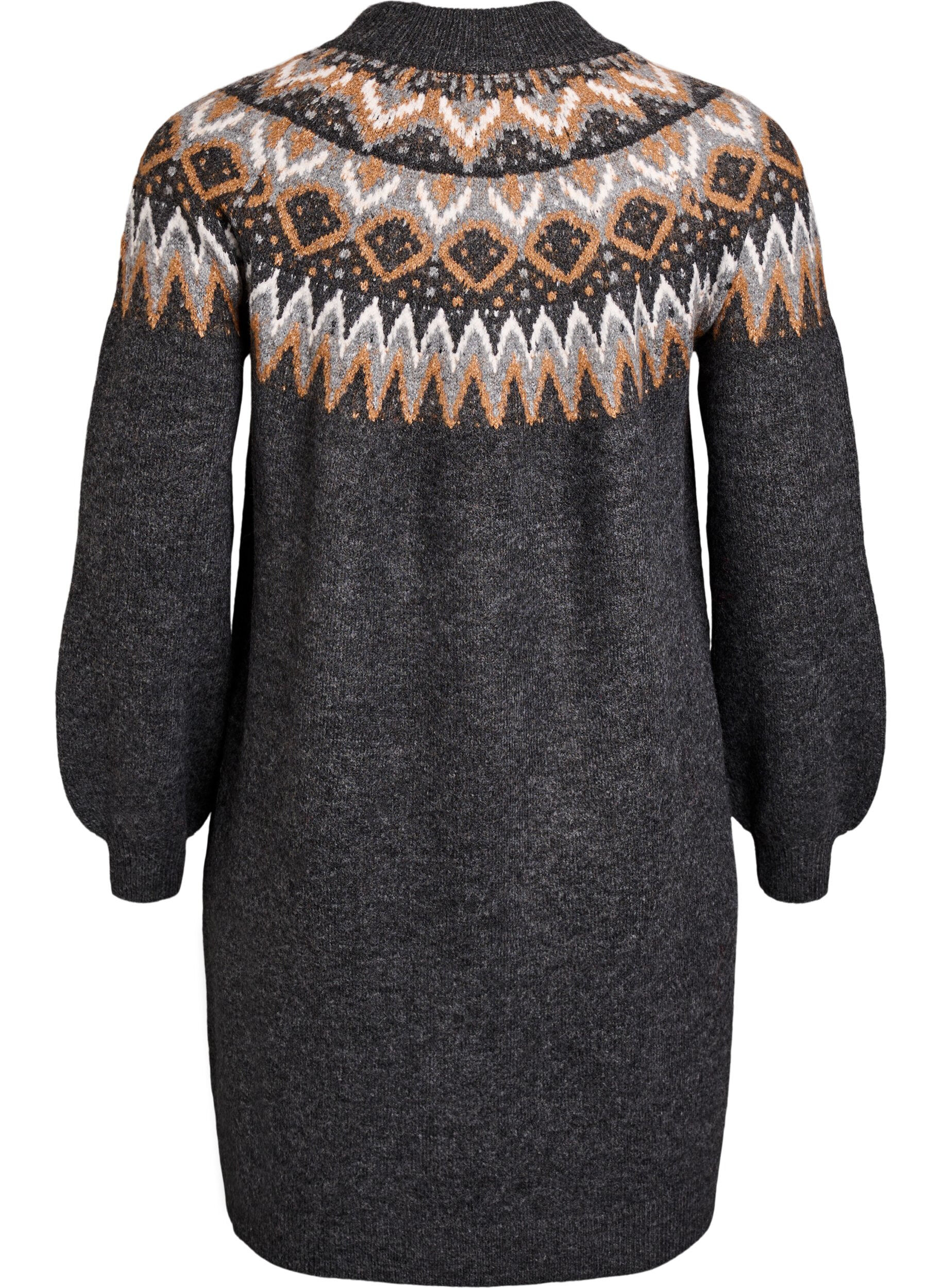 Zizzi Neulemekko jacquard-kuviolla ja pallohihoilla, Harmaa, Packshot image number 1