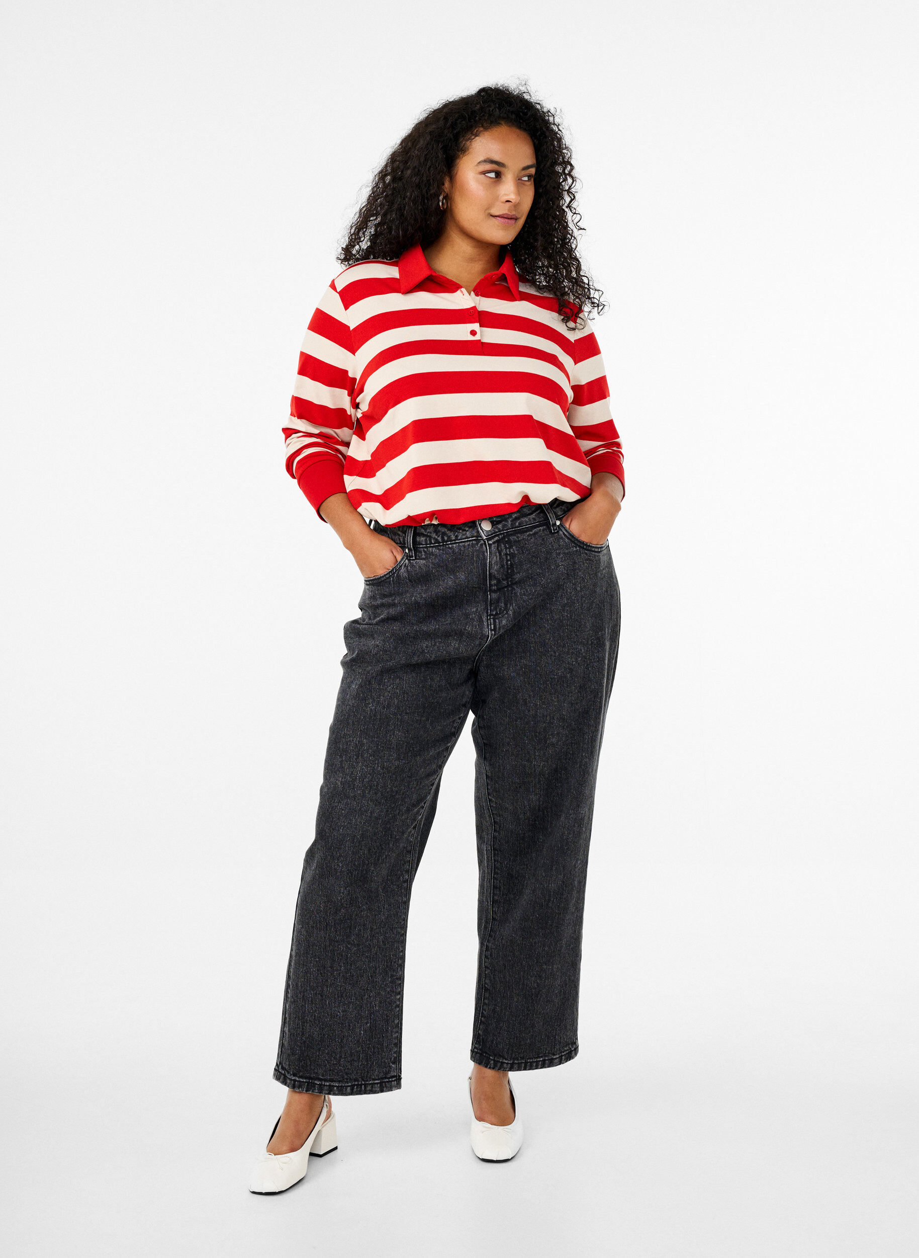 Zizzi Pitk&auml;hihainen raidallinen pikeepaita, Punainen, Model image number 1