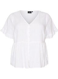 Pellava-viskoosipusero V-p&auml;&auml;ntiell&auml; ja nappikiinnityksell&auml;, Valkoinen