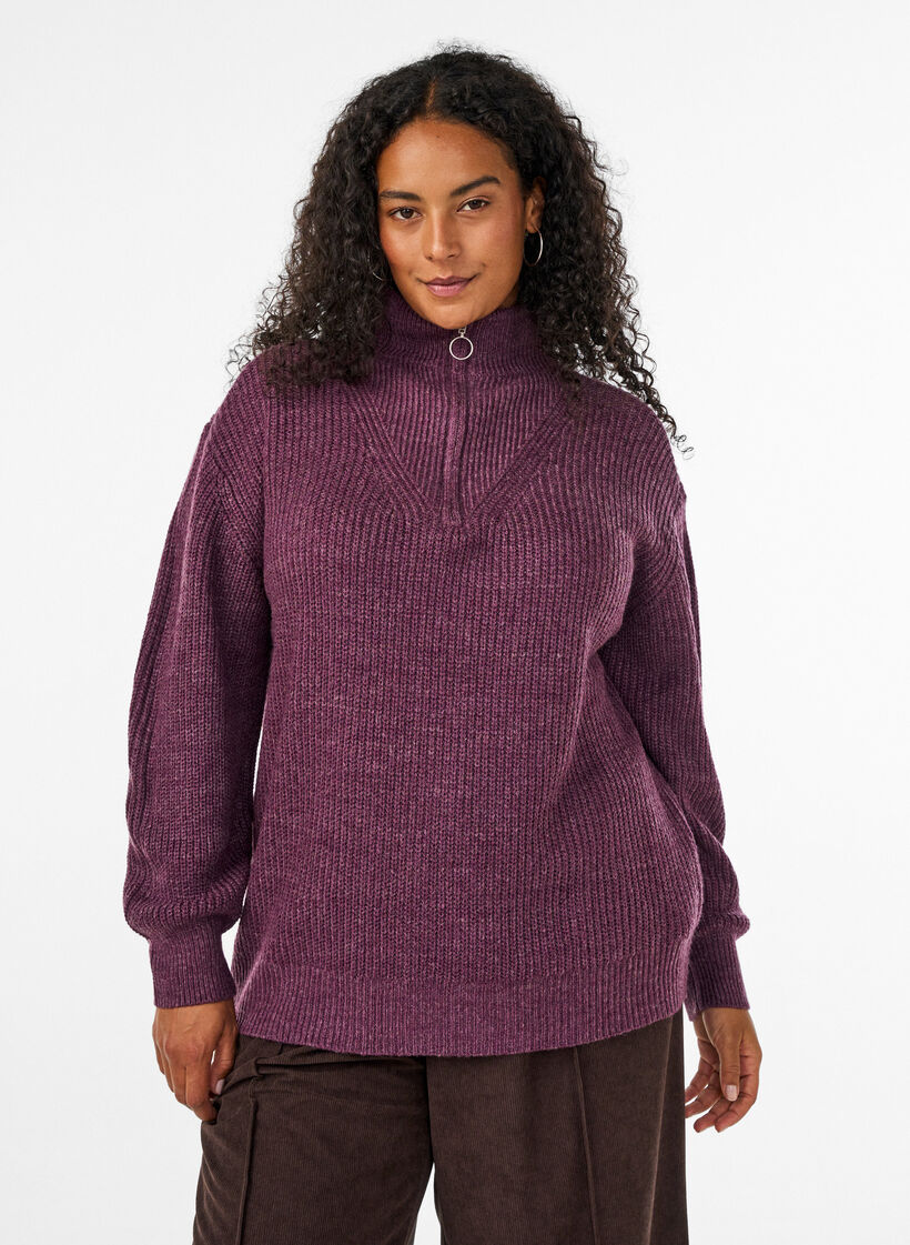 Neulepusero, jossa korkea kaulus ja vetoketju, Violetti, Model image number 0