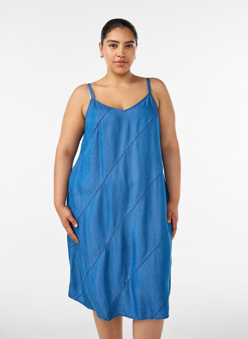 Denim-look -mekko TENCEL&trade; Lyocellista olkaimilla, Sininen, Model image number 0