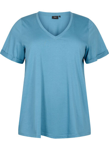 Puuvillainen t-paita v-pääntiellä, Aegean Blue, Packshot image number 0