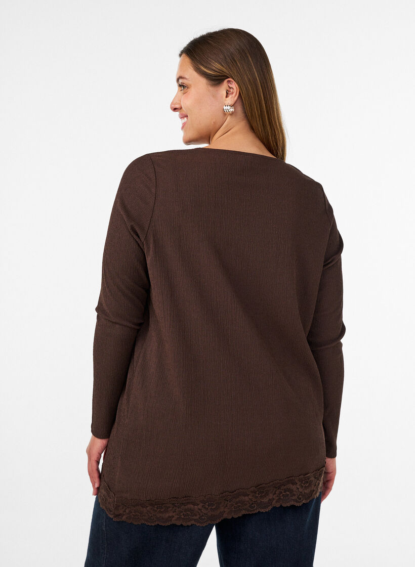 Jerseypusero, jossa ep&auml;symmetrinen pitsireunus, Ruskea, Model image number 2