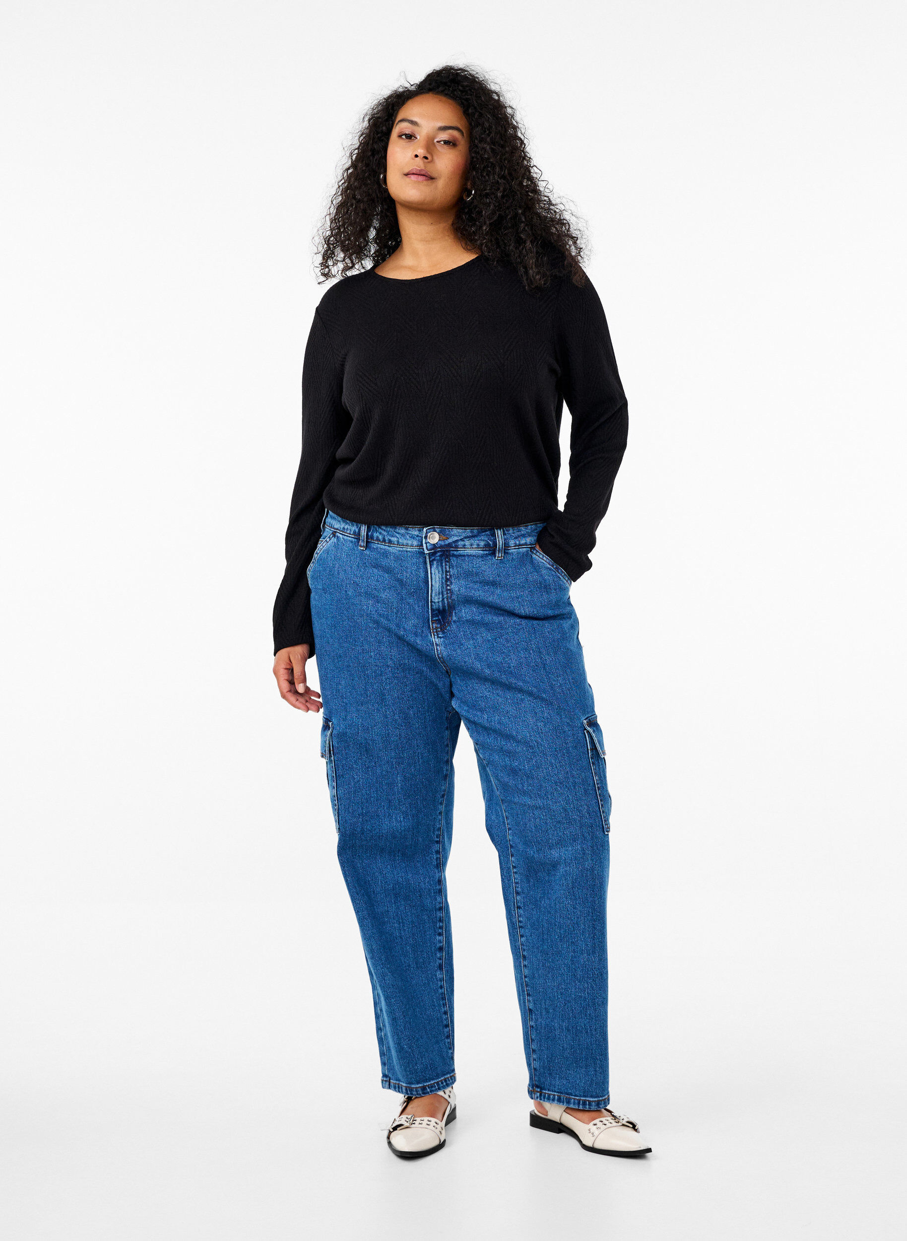 Zizzi Kuvioitu paita pitkill&auml; hihoilla, Musta, Model image number 1