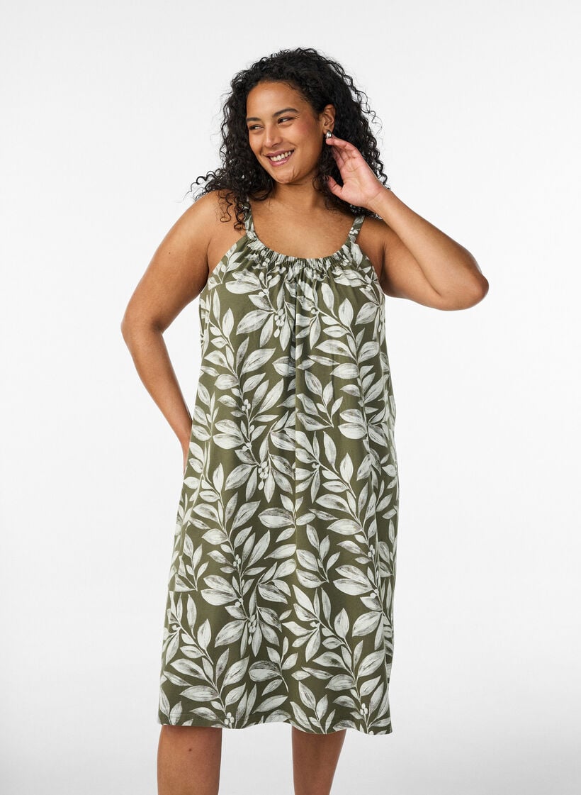 Midipituinen olkainmekko luomupuuvillaa, Vihre&auml;, Model image number 0