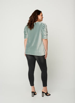 Velour t-paita puhvihihoilla, Chinois Green, Model image number 1