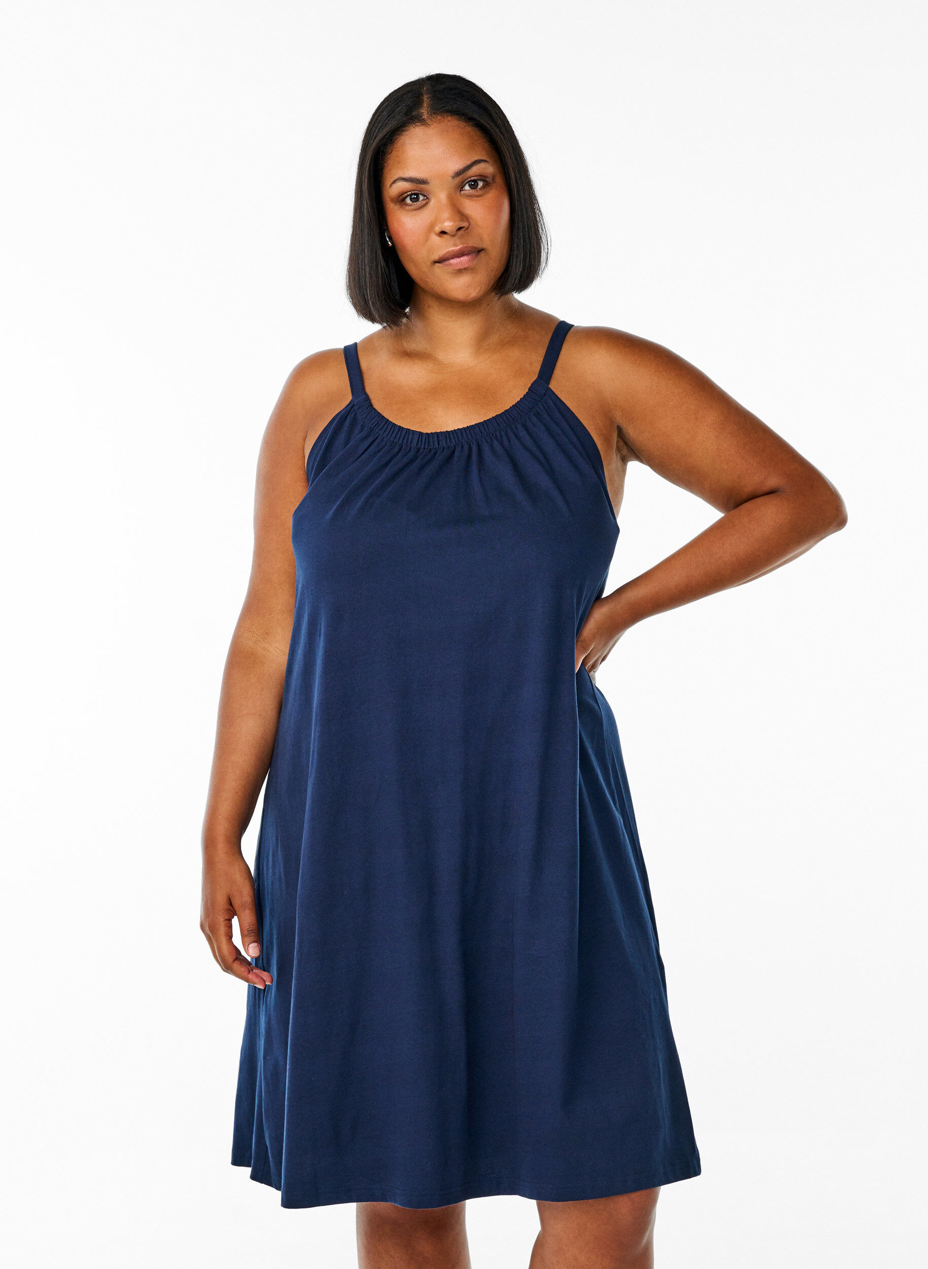 Midipituinen olkainmekko luomupuuvillaa, Sininen, Model