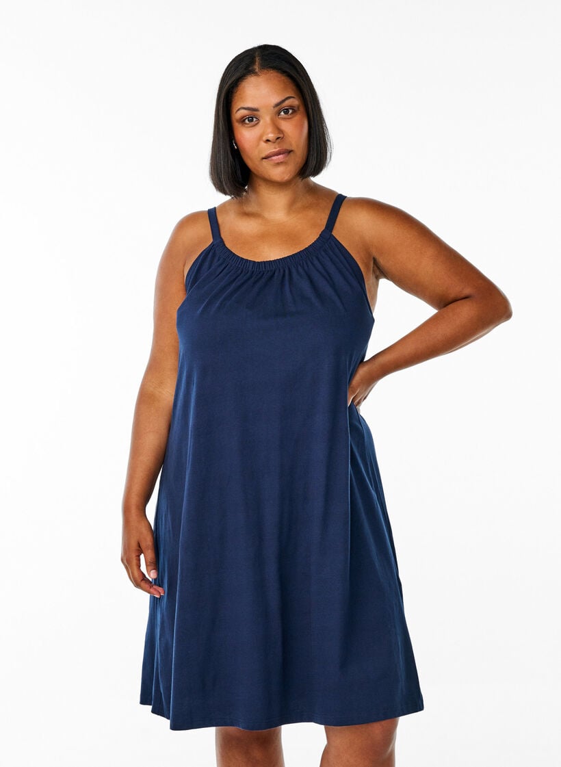 Midipituinen olkainmekko luomupuuvillaa, Sininen, Model image number 0