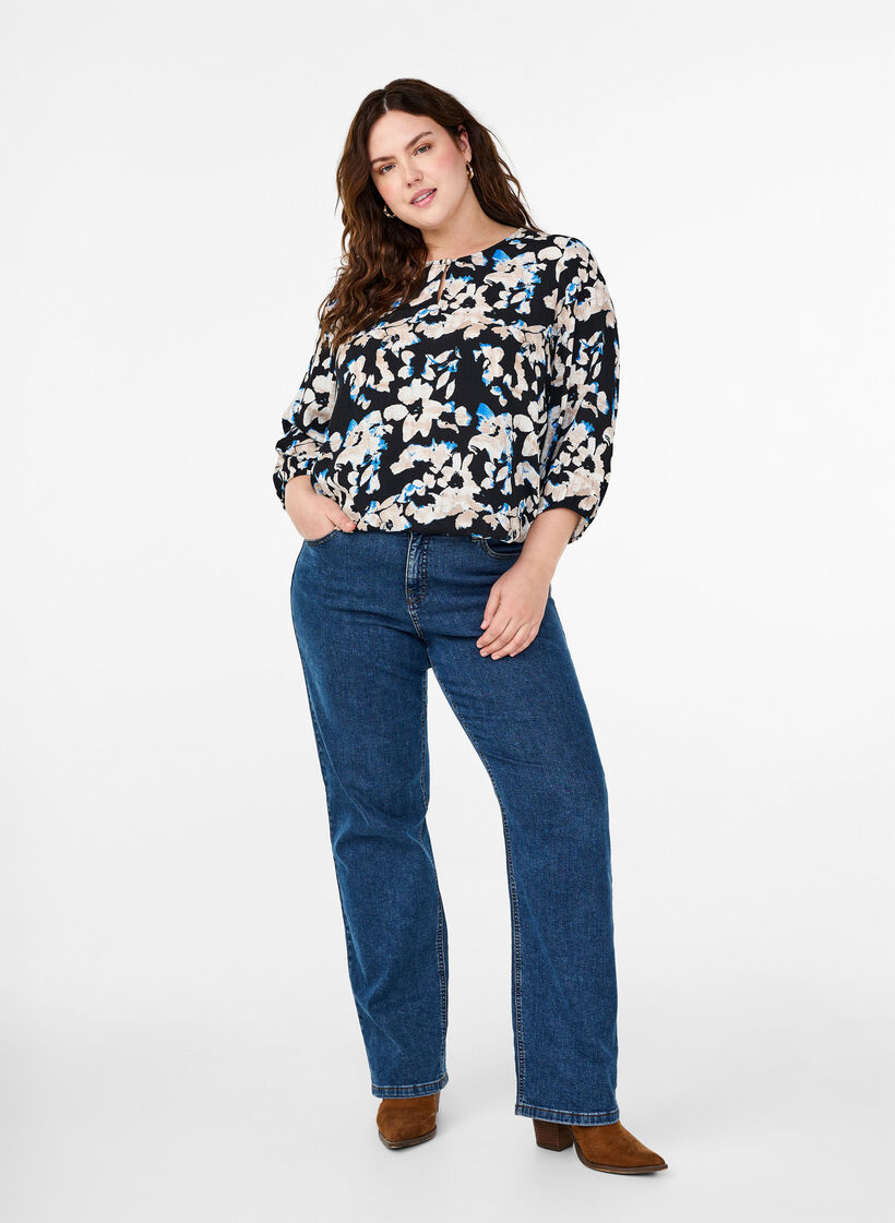 Viskoosipusero painatuksella ja smokkirypytyksellä, Musta, Model image number 1