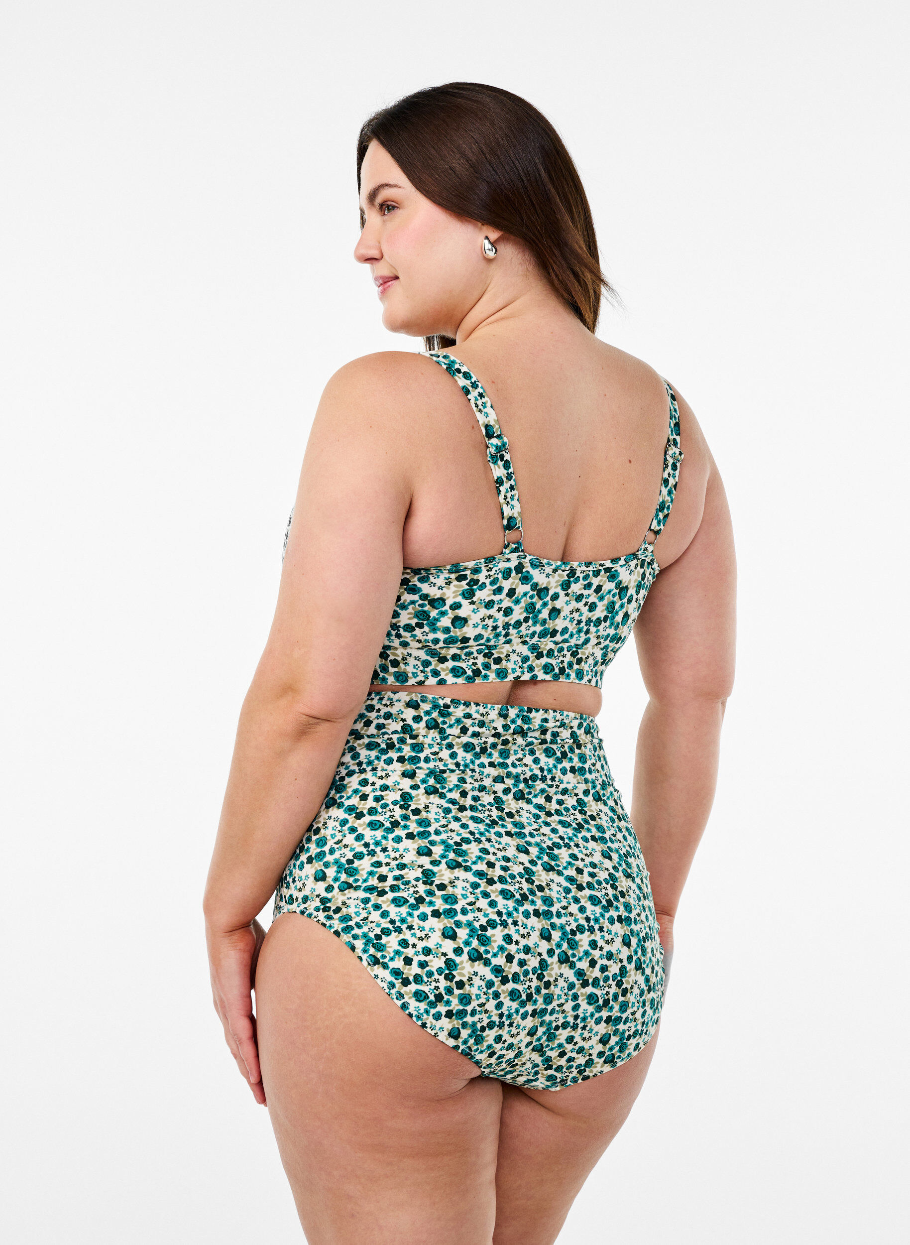 Zizzi Korkeavy&ouml;t&auml;r&ouml;inen bikinihousu kukkakuviolla, Vihre&auml;, Model image number 1