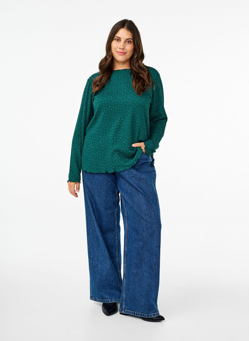 Pitkähihainen paljettipaita kristalleilla, Vihreä, Model image number 1