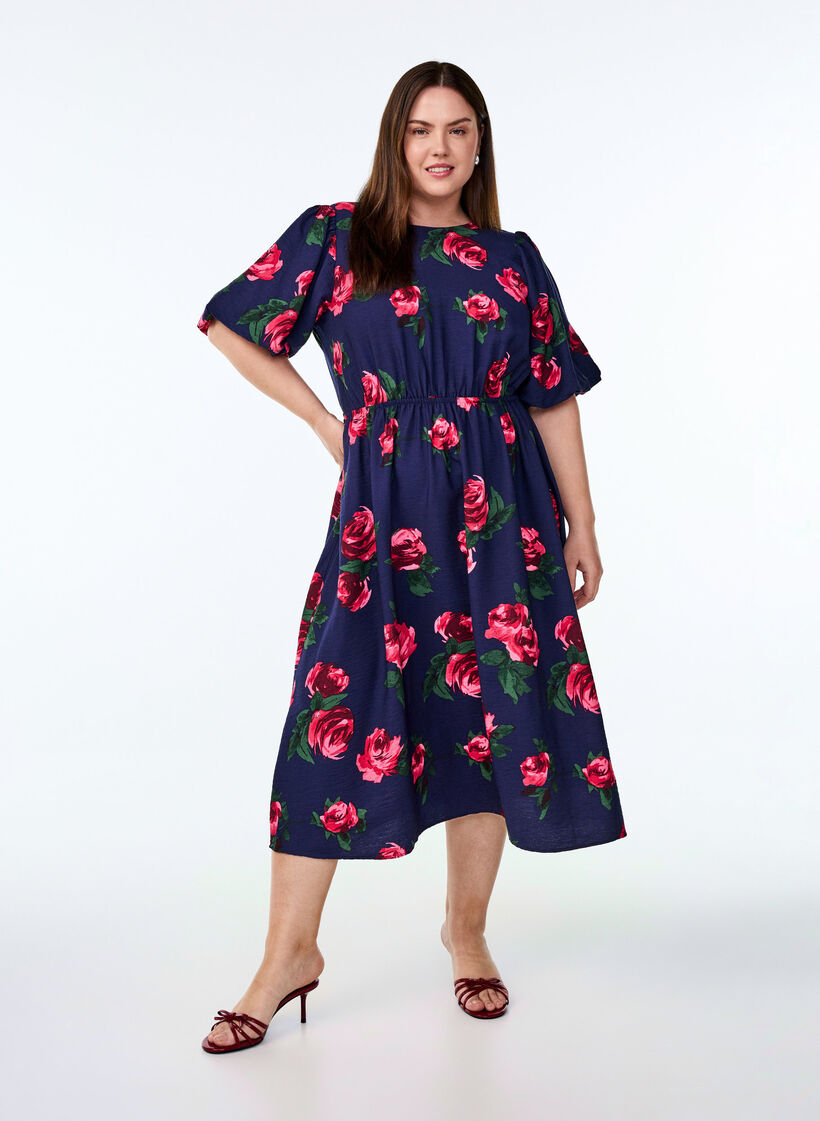 Midimekko ruusukuosilla ja lyhyill&auml; laskostetuilla hihoilla, Sininen, Model image number 1