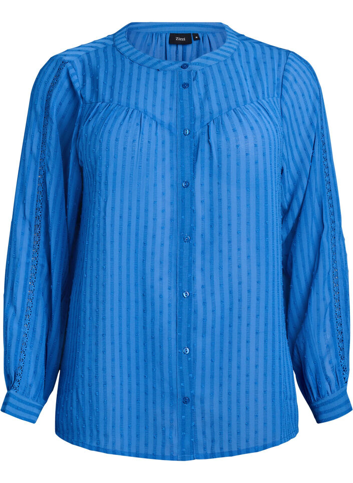 Paita teksturoidulla pilkkukuviolla ja kirjailuyksityiskohdilla, Sininen, Packshot image number 0