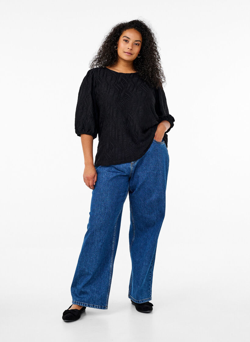 Tekstuuripusero 3/4-hihoilla, Musta, Model image number 1
