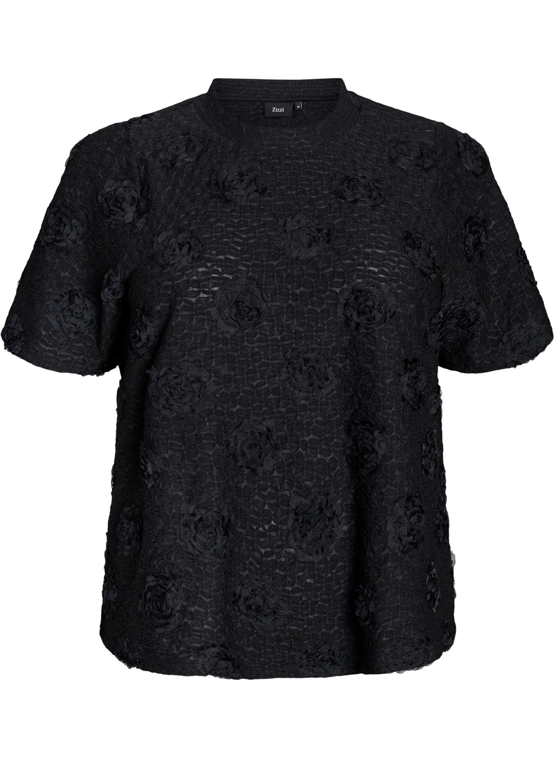 Pusero, jossa on 3D-kukkia ja lyhyet hihat