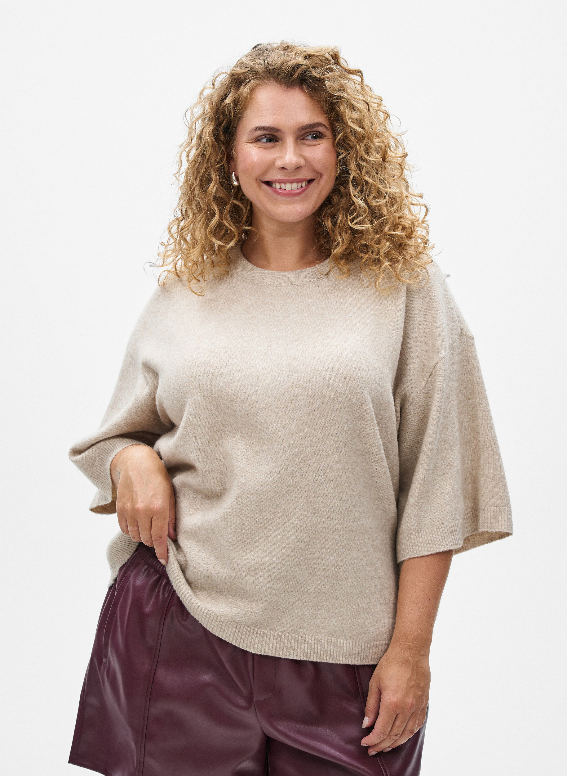 ZizziV&auml;lj&auml; neulepusero, jossa on lyhyet hihat, Beige, Model image number 0